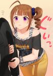  1boy 1girl ahoge arm_grab bangs black_jacket black_shirt blue_scrunchie blush brown_hair closed_mouth commentary drill_hair flying_sweatdrops frown grey_shirt heart highres idolmaster idolmaster_million_live! jacket jewelry kamille_(vcx68) leaning_forward looking_at_another medium_hair necklace out_of_frame pants print_scrunchie print_shirt purple_eyes scrunchie shirt shirt_straps side_drill side_ponytail sidelocks sparkle standing star_(symbol) star_print t-shirt thigh_gap translated white_scrunchie wrist_scrunchie yellow_pants yokoyama_nao 
