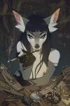  anthro black_hair breasts canid ear_tuft female gears hair hale. hi_res hybrid mammal nude prosthetic prosthetic_limb selket_ayad smoking solo tuft 