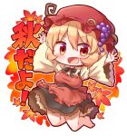  1girl aki_minoriko apron arinu chibi food food-themed_hair_ornament fruit grape_hair_ornament grapes hair_ornament leaf leaf_hair_ornament red_apron solo touhou 