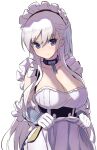  1girl apron azur_lane bangs belfast_(azur_lane) blue_eyes blush braid breasts chain cleavage collar collarbone dress french_braid frills gloves highres hori_(hori_no_su) large_breasts long_hair maid maid_headdress simple_background smile solo white_background white_gloves white_hair 