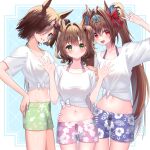  3girls :d absurdres animal_ears aston_machan_(umamusume) bangs blue_shorts blush brown_eyes brown_hair collarbone commentary_request cowboy_shot crop_top daiwa_scarlet_(umamusume) emosk floral_print green_eyes green_shorts grin hair_intakes hair_over_one_eye hand_up hands_up highres horse_ears long_hair looking_at_viewer midriff multiple_girls navel one_side_up open_mouth pink_shorts red_eyes shirt short_hair short_sleeves shorts smile standing stomach tiara twintails umamusume very_long_hair vodka_(umamusume) white_shirt 