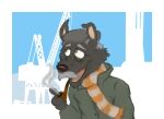  absurd_res anthro blind canid canine canis clothing coat crane_(machine) dock docks domestic_dog facial_hair fluffypunk hat headgear headwear hi_res hunting_dog male mammal mature_male mustache old pipe scarf scottish_terrier smoking smoking_pipe solo terrier topwear tweed_cap 