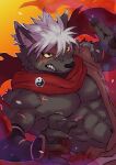  abs angry anthro black_body black_fur canid canine canis domestic_dog fur growling hair hi_res lifewonders male mammal muscular muscular_anthro muscular_male ninja nipples pecs sakuhuu scar scarf shirtless solo tadatomo tokyo_afterschool_summoners video_games warrior white_hair 