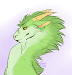  2021 bust_portrait colored_sketch dated dragon facial_hair famir_(artist) famir_(character) fur furred_dragon glistening glistening_eyes goatee green_body green_ears green_fur green_head_tuft hi_res horn long_neck looking_aside male mouth_closed neck_tuft portrait pupils side_view simple_background sketch slit_pupils solo tuft white_background 