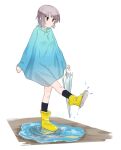  bangs black_socks blue_raincoat boots brown_eyes closed_mouth expressionless holding holding_umbrella kicking nagato_yuki puddle purazuma0810 purple_hair raincoat rubber_boots short_hair simple_background socks suzumiya_haruhi_no_yuuutsu umbrella water_drop white_background yellow_footwear 