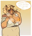  absurd_res anthro areola big_areola big_breasts blonde_hair bodily_fluids braless breasts canid canine canis chubby_female clothed clothing cow_(b0yc0w) domestic_dog exposed_breasts female flashing fully_clothed hair hi_res mammal neck_tuft nipples open_clothing open_shirt open_topwear pinkie_peaches shirt slightly_chubby solo steam susaroo sweat sweaty_breasts topwear tuft 