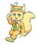  anthro asnnonaka bottomwear brown_nose cheek_tuft chibi clothed clothing ear_tuft eyebrows facial_tuft front_view full-length_portrait fur glistening glistening_eyes green_eyes green_necktie hat headgear headwear male mammal necktie open_mouth open_smile orange_bottomwear orange_clothing orange_hat orange_headwear orange_pants orange_topwear pants pink_tongue portrait rodent sciurid signature simple_background smile solo tongue topwear tuft white_background white_body white_clothing white_eyebrows white_topwear yellow_body yellow_ears yellow_fur yellow_tail 