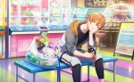  1boy arcade black_shirt colorful_palette crane_game earrings feet_out_of_frame hair_between_eyes hand_on_own_cheek hand_on_own_face head_rest highres hood hooded_jacket indoors jacket jewelry leaning_forward legs_apart looking_at_viewer multicolored_hair official_art on_bench orange_hair parted_lips project_sekai pusher_game shinonome_akito shirt short_hair sitting sleeves_pushed_up solo streaked_hair stud_earrings stuffed_animal stuffed_dinosaur stuffed_penguin stuffed_toy yellow_eyes 