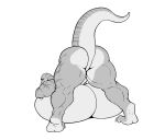  2021 anthro bent_over big_breasts big_butt big_muscles breasts butt dawmino digital_media_(artwork) dinosaur female grey_body grey_scales hi_res huge_breasts huge_butt huge_muscles hyper hyper_breasts looking_at_viewer muscular muscular_female non-mammal_breasts pupils rear_view red_eyes reptile scales scalie slit_pupils solo thick_tail 
