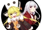  2girls :o ;d badge blonde_hair brown_gloves clara_(honkai:_star_rail) coat fur-trimmed_coat fur_trim gloves hand_up hat honkai:_star_rail honkai_(series) hook_(honkai:_star_rail) kuma-ra long_hair long_sleeves looking_at_viewer multiple_girls one_eye_closed pink_eyes red_coat simple_background smile twintails upper_body white_hair yellow_eyes 