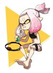  1girl alternate_costume alternate_hairstyle bare_arms bare_legs bare_shoulders barefoot black_sports_bra cross-shaped_pupils cup drink drinking_straw flat_chest full_body highres holding holding_cup holding_drink isamu-ki_(yuuki) joy-con long_hair mole mole_under_mouth navel pearl_(splatoon) pink_hair pointy_ears ring-con ring_fit_adventure sitting solo splatoon_(series) sports_bra suction_cups sweat tentacle_hair topknot twitter_username yellow_eyes 