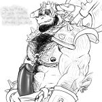  anthro arm_hair armor axe beard big_penis body_hair bovid bovine cattle chest_hair dialogue erection facial_hair genitals harness looking_at_viewer male mammal melee_weapon penis poking_out simonsbathtub sketch solo story story_in_description weapon 