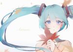  1girl autumn_leaves blue_eyes blue_hair blush commentary ea08zheci falling_leaves hair_tie hatsune_miku holding holding_leaf leaf long_hair long_sleeves maple_leaf parted_lips simple_background solo sweater symbol-only_commentary twintails upper_body very_long_hair vocaloid white_background yellow_sweater 