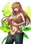  1girl bangs bare_shoulders belt belt_buckle black_panties breasts brown_belt brown_eyes buckle bug covered_nipples crop_top denim floral_background highleg highleg_panties highres holding holding_clothes jeans jewelry joy_(shenmue) ladybug large_breasts leaf long_hair midriff miyo_(13th_floor) mouth_hold navel necklace open_belt open_clothes open_shirt orange_hair panties pants shenmue shenmue_ii shenmue_the_animation sidelocks solo standing underwear unzipped white_background 