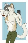  absurd_res anthro borzoi bottomwear canid canine canis clothing domestic_dog fluffypunk grey_hair hair hi_res hunting_dog male mammal mature_male no_shirt old pants phone pose selfie sighthound solo what 