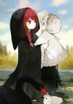  2girls absurdres animal bird black_robe black_swan_(bird) braid carrying day eye_contact feathers highres hood looking_at_another mother_and_daughter multiple_girls original personification pond red_eyes red_hair robe sakutake_(ue3sayu) standing swan 