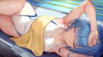  1girl armpits arms_up blue_hair blush breasts cleavage closed_eyes competition_swimsuit covered_navel game_cg highleg highleg_swimsuit highres houshi_bukatsu_nyuubu_taiken-hen_-_seiyoku_ga_karamiau_bukatsu_taimu_-_2_jigenme lying medium_breasts medium_hair on_side one-piece_swimsuit pool poolside solo swimsuit thigh_gap towel two-tone_swimsuit waymay wet wet_clothes wet_swimsuit white_one-piece_swimsuit 