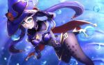  1girl bangs blurry blurry_background bodysuit breasts bubble capelet cleavage detached_sleeves floating_hair genshin_impact green_eyes grey_bodysuit grin hair_between_eyes hat high_heels highres irobird leotard long_hair long_sleeves mona_(genshin_impact) purple_capelet purple_hair purple_headwear purple_leotard purple_sleeves small_breasts smile solo strapless strapless_leotard twintails underwater very_long_hair witch_hat yellow_footwear 