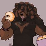  afro anthro biped black_body black_fur bodily_fluids bracelet brown_body brown_fur canid canine canis clawed_fingers claws dessert domestic_dog doughnut dripping food food_on_body fur hair hair_over_eyes hi_res jewelry male mammal muscular muscular_anthro muscular_male saliva saliva_drip saliva_on_tongue salivating seibrxan seibrxan_(fursona) solo tongue tongue_out 