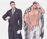 1boy abs ascot black_pants black_vest butler clenched_hand coat coat_on_shoulders facial_hair gloves grey_ascot hair_slicked_back hand_in_pocket hand_on_own_head hand_up kikakubonko male_pubic_hair multiple_scars multiple_views mustache nipples original pants pectorals pocket_square pubic_hair scar scar_on_arm scar_on_chest simple_background standing toned topless_male vest white_background white_gloves white_pants 