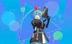  +_+ 1girl animal_ears belt_pouch black_gloves black_jacket blue_background blue_eyes blue_hair cat_ears colorful_palette cowboy_shot fake_animal_ears fangs gloves goggles goggles_on_head gun hair_between_eyes hatsune_miku head_tilt high_collar highres holding holding_gun holding_weapon jacket long_hair looking_at_viewer official_art open_mouth pouch project_sekai smile solo triangle twintails very_long_hair vocaloid weapon wonderlands_x_showtime_(project_sekai) 