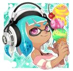  1girl 2022 bare_shoulders blue_hair breasts cherry closed_mouth dark-skinned_female dark_skin eyelashes food fruit hands_up headphones holding ice_cream ice_cream_cone inkling inkling_girl isamu-ki_(yuuki) light_blue_hair medium_breasts off_shoulder pink_eyes short_hair sleeves_past_elbows smile solo splatoon_(series) sprinkles striped suction_cups tentacle_hair triple_scoop upper_body 