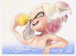  1girl :d alternate_hairstyle breasts chromatic_aberration collarbone cross-shaped_pupils hair_up holding isamu-ki_(yuuki) long_hair mole mole_under_mouth partially_submerged pearl_(splatoon) rubber_duck small_breasts smile solo splatoon_(series) suction_cups teeth tentacle_hair water wet white_hair yellow_eyes 