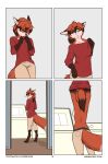  anthro barefoot bottomwear breasts canid canine clothed clothing comic eyewear feet female fox foxboy83 glasses green_eyes hair hi_res mammal pants ponytail red_fox solo standing tootaloo topless undressing vixenlogic 