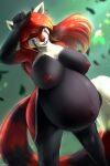  2022 5_fingers absurd_res ailurid alternate_version_at_source anthro areola bahnbahn_(artist) belly big_belly big_breasts black_body black_fur black_nose blonde_highlights blue_eyes breasts catherine_(alpha-wolf) colored curvy_figure digital_media_(artwork) dipstick_tail dutch_angle female fingers fur grey_eyes hair half-closed_eyes hand_on_head hand_on_stomach hi_res highlights_(coloring) huge_breasts hyper hyper_belly long_hair looking_at_viewer mammal markings multicolored_body multicolored_fur multicolored_hair narrowed_eyes navel nipples nude outie_navel portrait pregnant red_areola red_body red_fur red_hair red_nipples red_panda shaded smile solo standing striped_markings striped_tail stripes tail_markings thick_thighs three-quarter_portrait two_tone_hair voluptuous white_body white_fur wide_hips 