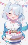  1girl :d arona_(blue_archive) birthday_cake blue_archive blue_hair blue_shirt blush bow_hairband braid cake choker closed_eyes colored_inner_hair confetti facing_viewer fal_(fal-se-0) food fruit hair_over_one_eye hairband happy_birthday highres holding holding_plate multicolored_hair pink_hair plate sailor_collar shirt simple_background smile solo strawberry string_of_flags upper_body white_background white_choker white_sailor_collar 