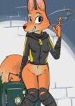  2022 anthro bottomless bottomless_anthro bottomless_female canid canine clothed clothing cuff_(restraint) diane_foxington dreamworks eyebrow_piercing facial_piercing female fox front_view fur genitals grin handcuffs humanoid_hands mammal metal_cuffs orange_body orange_fur piercing portrait pussy restraints safe_(container) smile solo the_bad_guys three-quarter_portrait toxoglossa 