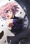  1girl :d absurdres black_leotard black_sleeves detached_sleeves fate/grand_order fate_(series) floating_hair gradient gradient_background grey_background hair_over_one_eye highres holding holding_shield leotard mash_kyrielight open_mouth pink_hair purple_eyes shield short_hair smile solo toyosu white_background 