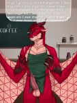 anthro apron apron_only balls beverage claws clothed clothing coffee container cup digital_media_(artwork) dragon english_text entropy_(billeur) erection fur genitals green_apron hi_res holding_object horn i_mean_breast_milk looking_at_viewer male membrane_(anatomy) membranous_wings meme mostly_nude penis pink_penis rasielius red_body red_fur red_scales scales scalie simple_background solo tan_body tan_scales text western_dragon wings 