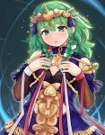  1girl bare_shoulders braid breasts byleth_(fire_emblem) byleth_(fire_emblem)_(female) cleavage collar cosplay detached_sleeves fire_emblem fire_emblem:_three_houses fire_emblem_heroes gold_trim green_eyes green_hair highres jewelry kutabireta_neko medium_breasts official_alternate_costume open_mouth ribbon_braid side_braid solo sothis_(fire_emblem) sothis_(fire_emblem)_(cosplay) tiara twin_braids upper_body 
