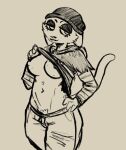  2022 anthro beanie bottomwear breasts clothed clothing clothing_lift domestic_cat epic_games felid feline felis female fortnite hat headgear headwear mammal meow_skulls_(fortnite) naughty_skeleton pants presenting_belly simple_background solo traditional_media_(artwork) video_games 