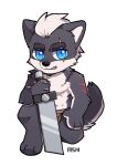  anthro asnnonaka black_eyebrows black_nose blue_eyes canid canine canis cheek_tuft chest_tuft chibi elbow_tuft eyebrows facial_scar facial_tuft front_view full-length_portrait fur grey_body grey_ears grey_fur grey_tail hair hand_on_hip holding_object holding_sword holding_weapon kneeling looking_aside male mammal melee_weapon portrait scar shoulder_tuft signature simple_background solo sword tuft weapon white_background white_body white_fur white_hair white_inner_ear wolf 