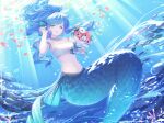  1girl artist_request blue_eyes blue_hair blue_ribbon fins fish flower groin happy head_fins kneeless_mermaid long_hair mermaid midriff monster_girl navel open_mouth ponytail puyopuyo ribbon serilly_(puyopuyo) sitting solo stomach strapless tube_top underwater very_long_hair wavy_hair white_tube_top 