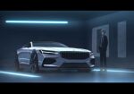  1boy black_hair black_necktie car chromatic_aberration commentary_request formal garage ground_vehicle indoors kai55 letterboxed motor_vehicle necktie original polestar_(company) polestar_1 purple_eyes revision sports_car suit vehicle_focus 