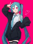  1girl :q absurdres arm_up bare_shoulders black_jacket black_thighhighs blue_hair blue_necktie blush commentary cowboy_shot drawstring grey_shirt hair_tie hatsune_miku hatsune_miku_(vocaloid4) heart highres jacket long_hair looking_at_viewer necktie odd_(miyoru) partially_unzipped pink_background pink_eyes pink_nails shirt sleeveless sleeveless_shirt sleeves_past_fingers sleeves_past_wrists solo symbol-only_commentary thighhighs tongue tongue_out twintails v4x very_long_hair vocaloid w 