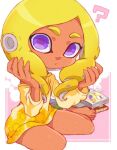  1girl :/ ? bare_legs barefoot blonde_hair blooper_(mario) book cheep_cheep closed_mouth dark-skinned_female dark_skin dress drill_hair floral_print hands_up holding holding_hair isamu-ki_(yuuki) long_hair long_sleeves mario_(series) octoling octoling_girl off-shoulder_dress off_shoulder open_book purple_eyes sitting solo splatoon_(series) splatoon_3 suction_cups sunflower_print tentacle_hair yellow_dress yokozuwari 