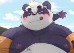  2022 96panda alp_(tas) anthro belly big_belly black_nose blush cloud giant_panda hi_res kemono lifewonders male mammal moobs nipples outside overweight overweight_male purple_body solo tokyo_afterschool_summoners tongue tongue_out ursid video_games white_body 