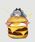  1girl :3 =_= aqua_hair bacon black_bow bow burger cable cheese chibi closed_eyes commentary egg food gloves grey_background hair_bow hatsune_miku headphones highres long_hair lying_on_food magical_mirai_miku magical_mirai_miku_(2016) mcdonald&#039;s minigirl saliva smile solo sparkle twintails vocaloid white_gloves zuu100lev 