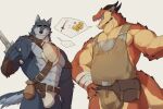  abs anthro armor bulge canid canine canis dragon duo gakujo horn male male/male mammal melee_weapon muscular muscular_anthro muscular_male pecs simple_background sword weapon wolf 