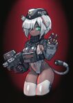  1girl ass bangs black_headwear body_armor breasts cameltoe covered_navel dark-skinned_female dark_skin english_commentary erica_(naze1940) glowing glowing_eyes green_eyes grey_hair gun hair_over_one_eye hat headgear highres holding holding_gun holding_weapon joints large_breasts leotard looking_at_viewer mechanical_tail no_mouth original police_hat robot robot_girl robot_joints solo submachine_gun tail thighhighs thighs v weapon weapon_request white_leotard white_thighhighs 