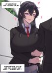  1boy 1girl absurdres arm_hug band-width black_hair breast_press breasts bulge erection erection_under_clothes futanari heart highres large_breasts long_hair necktie open_mouth original purple_eyes red_tie school_uniform skirt smile 