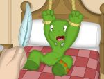 absurd_res anthro bed duo feathers featureless_crotch franklin_turtle furniture green_body hi_res human male mammal nude offscreen_character open_mouth porygon2z reptile rope scalie shell-less spread_legs spreading turtle young 