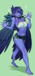  1girl bare_legs barefoot black_shorts black_wings blue_skin borrowed_character colored_skin feathered_wings green_background hair_over_one_eye hands_up highres looking_at_viewer midriff navel nia_(nia4294) original pointy_ears purple_eyes raven_(ravencrafted) second-party_source shadow shorts simple_background solo sports_bra white_sports_bra wings 