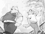  2022 anthro blush bottomwear clothing duo hi_res kemono male mammal outside overweight overweight_male pants plant pommn_mn shirt topwear tree ursid walking 