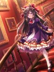  1girl absurdres animal_ears black_hair blush bow breasts daiichi_ruby_(umamusume) drill_hair gothic_lolita hair_bow hair_ornament highres horse_ears horse_tail lolita_fashion long_hair looking_at_viewer official_art painting_(object) pantyhose purple_eyes shoes small_breasts solo stairs tail umamusume walking 