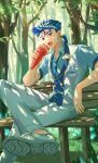  1boy absurdres baseball_cap blue_hair blue_headwear blue_necktie blue_shirt blue_vest buttons chair collared_shirt commentary_request crossed_legs cu_chulainn_(fate) cu_chulainn_(fate/stay_night) earrings eating fang fate/extella fate/extella_link fate/extra fate/grand_order fate/hollow_ataraxia fate/stay_night fate_(series) feet_out_of_frame food gold_trim grass hat highres holding holding_food jewelry kiriko_(onigiri21) long_hair looking_at_viewer male_focus necktie official_alternate_costume on_chair open_mouth pants ponytail red_eyes shade shadow shirt short_sleeves sitting smile solo spiked_hair striped striped_shirt tree twitter_username two-tone_vest vest white_footwear white_pants white_vest 